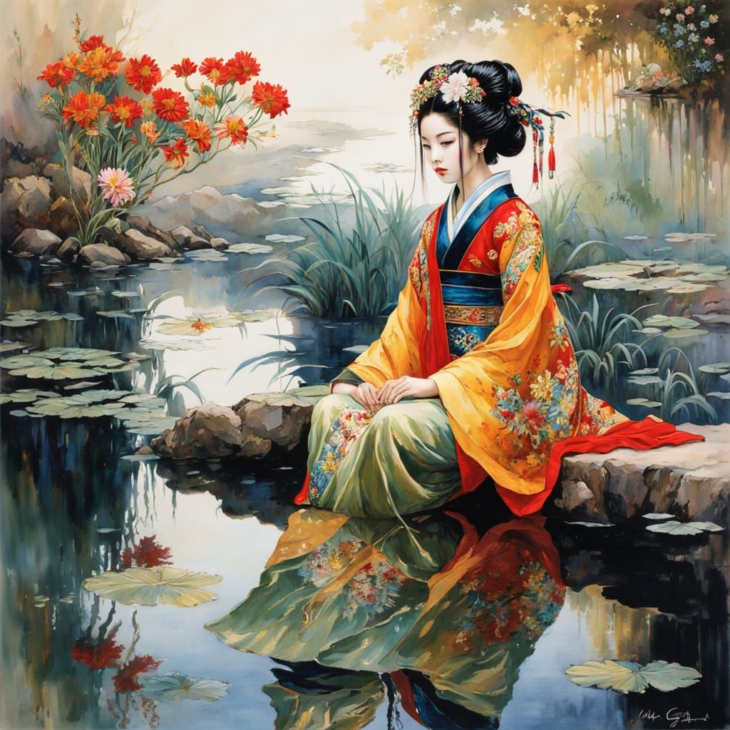 Surreal Geisha Goddess with Cosmic Reflections