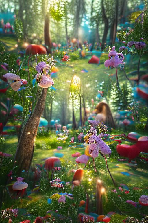 Whimsical enchanted forest clearing with lots of flowers and sunbeams # ...