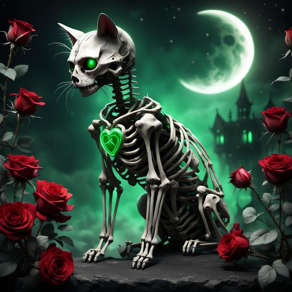 Animatronic Skeleton Cat with Roses and Moon