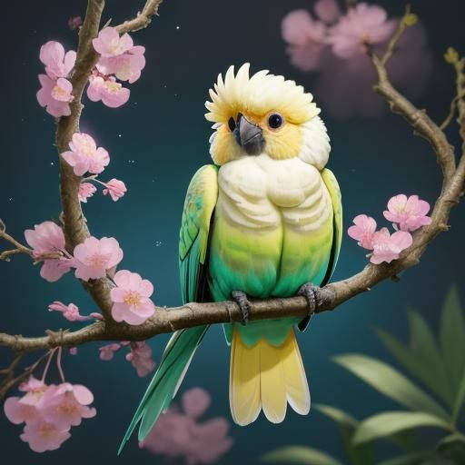 adorable cute fluffy baby chibi pineapple cockatoo on branch...