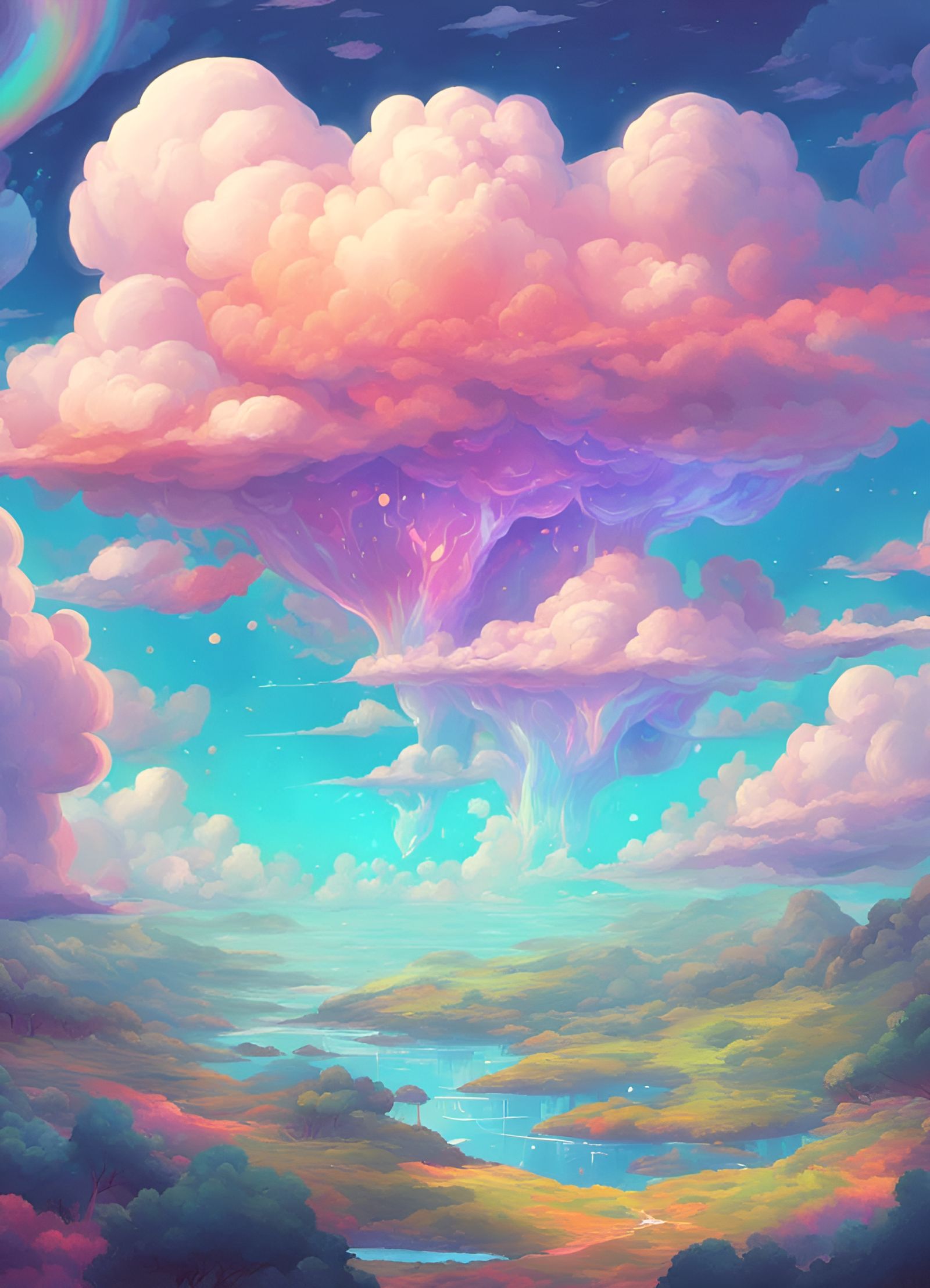 A cute irridescent fantasy landscape with big clouds trending on ...