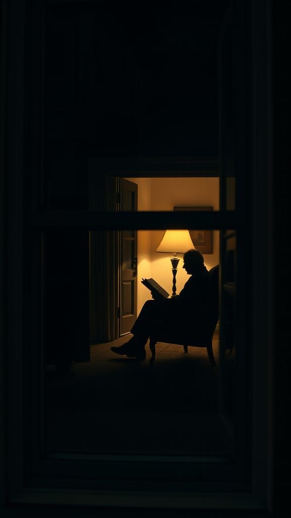 Outside view through a window in house at night, in the brightly lit room you can see the silhouette of an old man sitting in a chair readin...