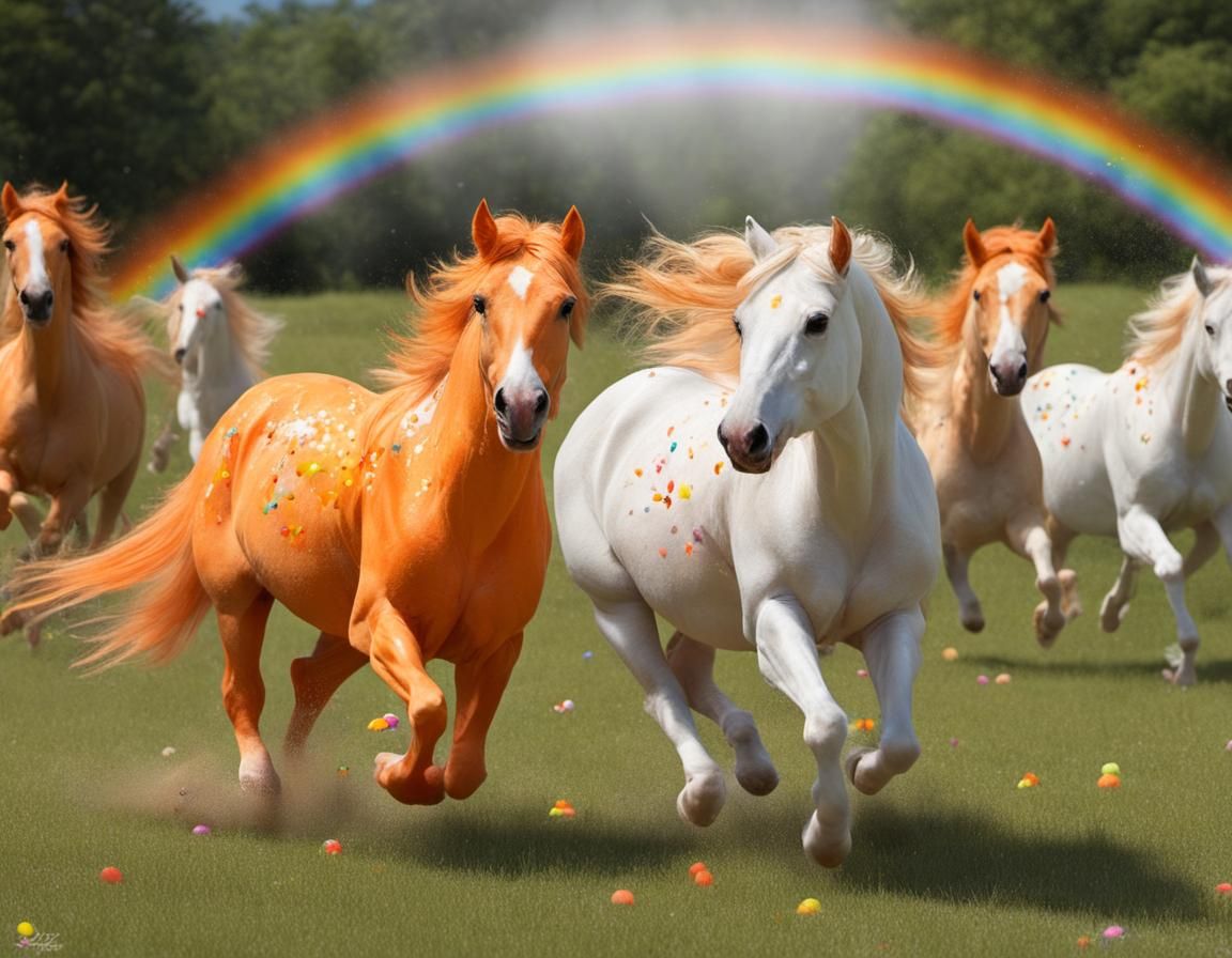 Creamsicle Horses running through a rainbow sprinkle meadow