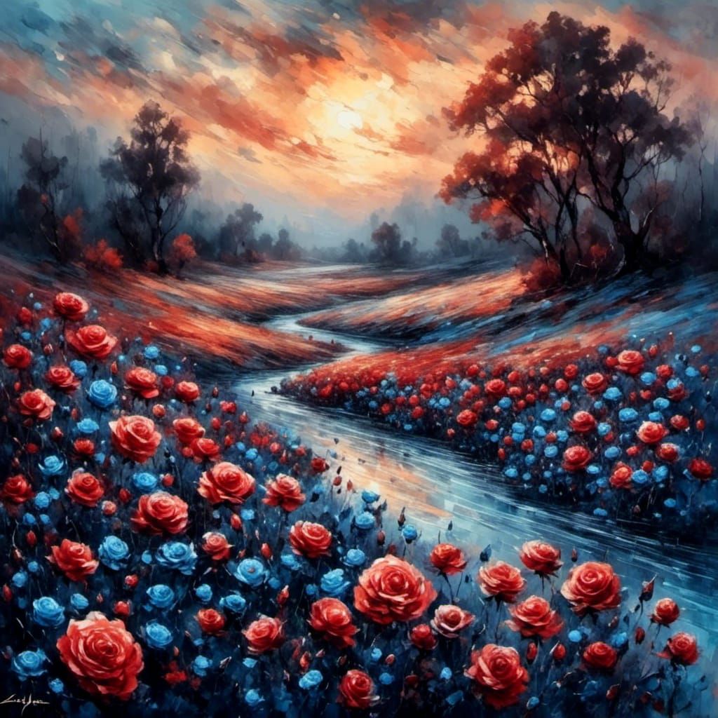 Glowing Blue Roses Field with Red River Oil Painting