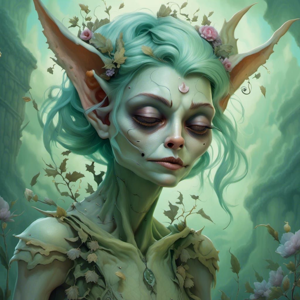 <lora:Dreamy Watercolor:1.0> Impossibly beautiful goblin with pale green skin and Smokey wispy hair softly disappating by Amy Brown and Anna...