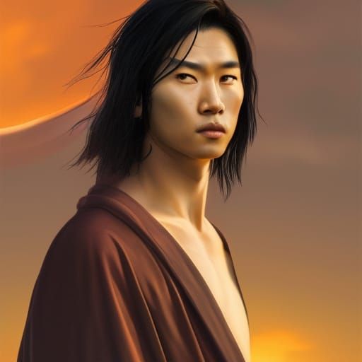 Full portrait of a dangerous young Asian man with long black...