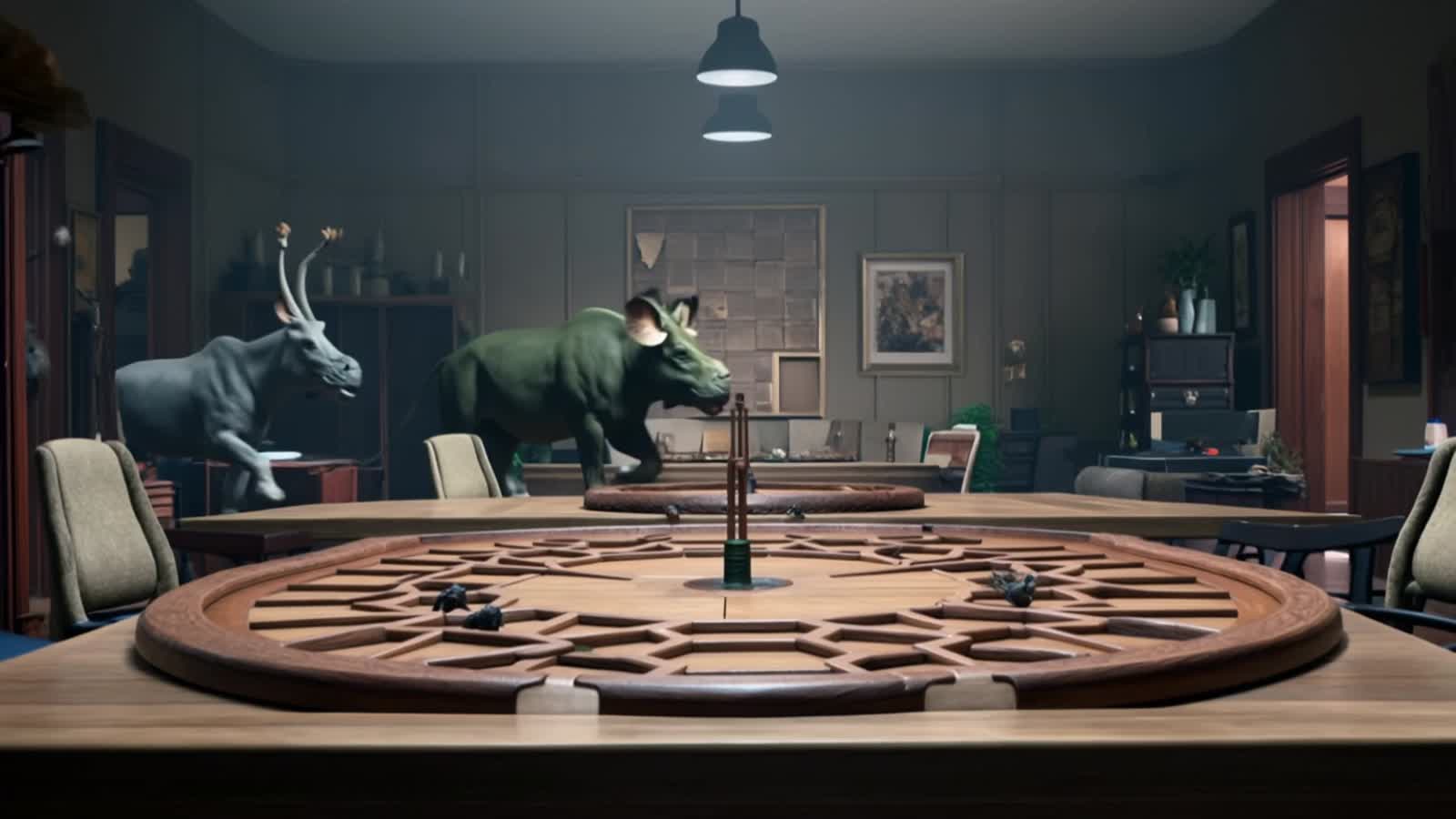 A bunch of jungle animals emerging and running  out of the Jumanji board game, jungle animals, rhinos, elephants, giraff...