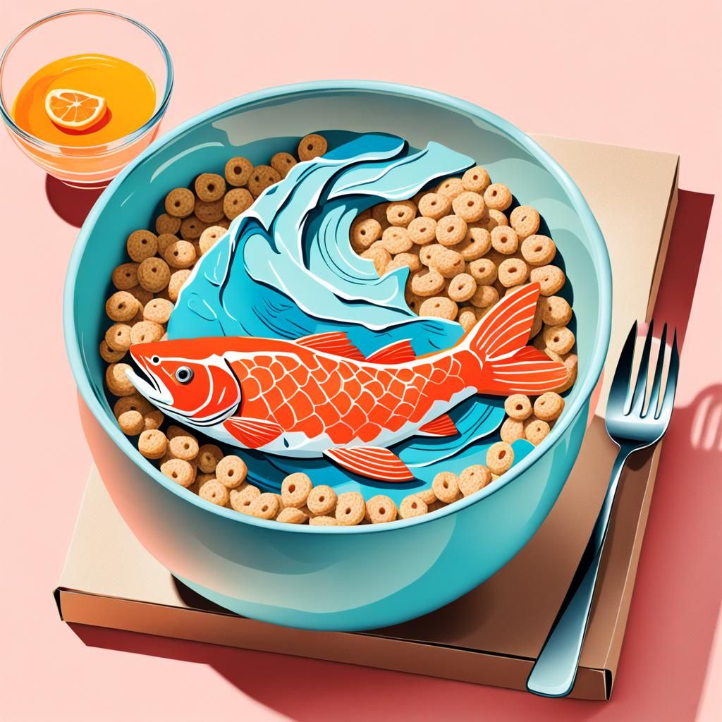Fish-Flavored Breakfast Cereal with a Picture of a Salmon in...