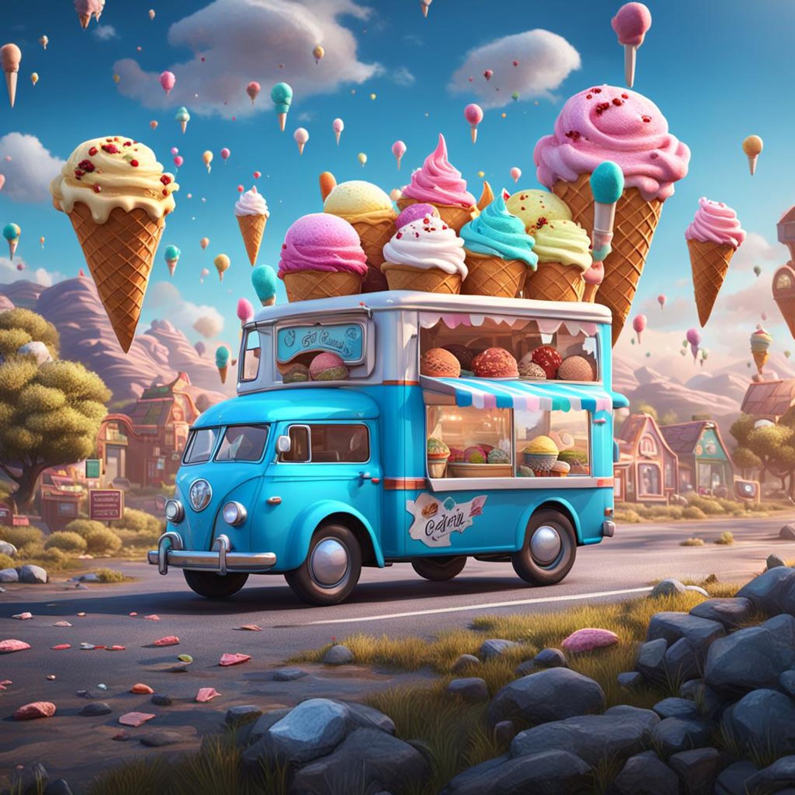 ice cream truck driving from black cars with mofia shoting at it. with