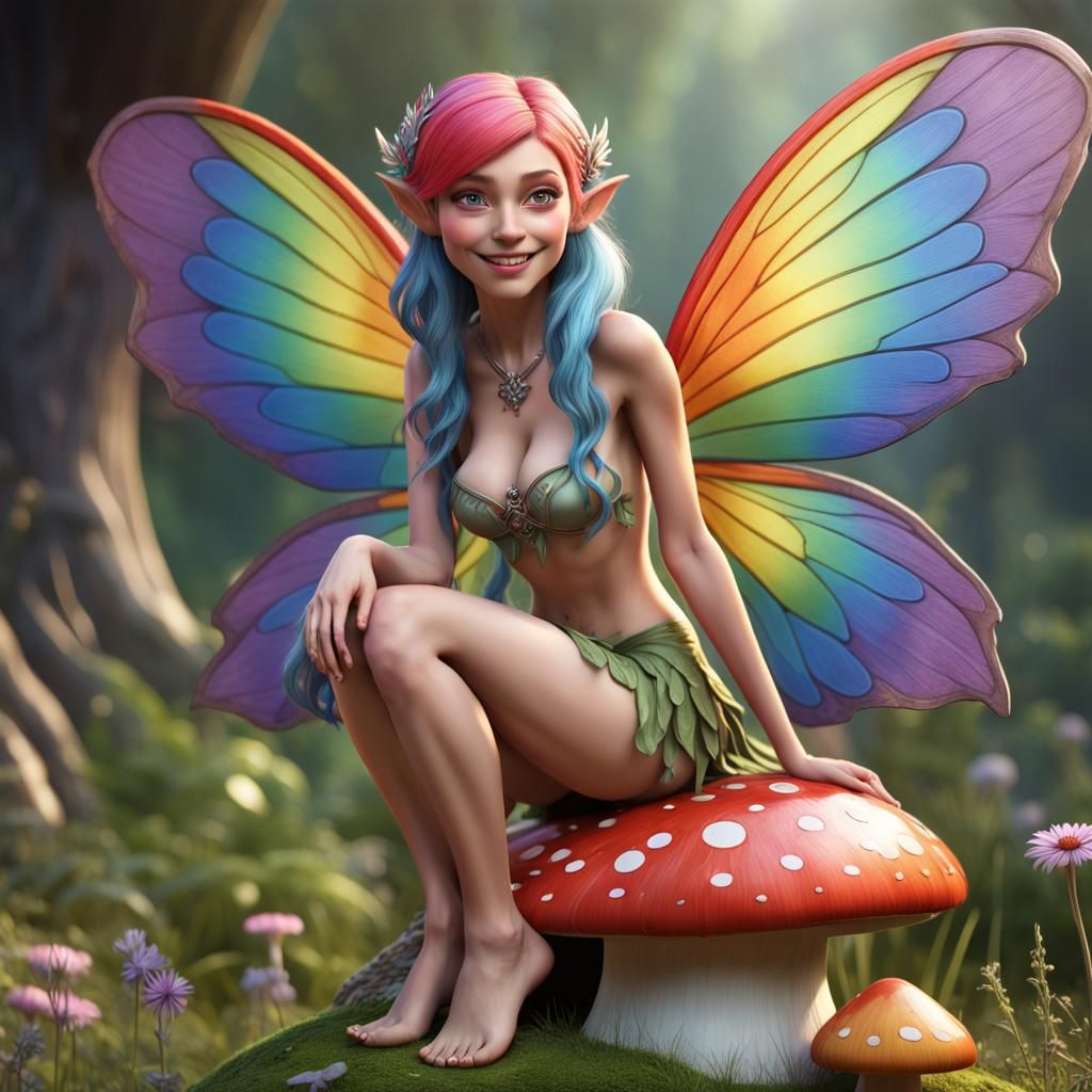 Rainbow Haired Fairy on Toadstool in 3D Digital Art