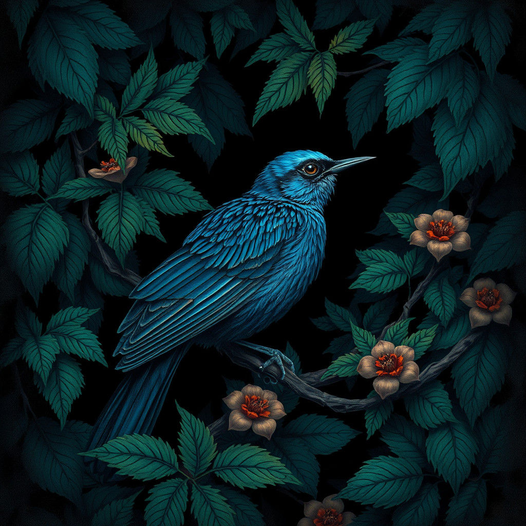 Nightingale in Darkness: Romantic Art Nouveau Illustration