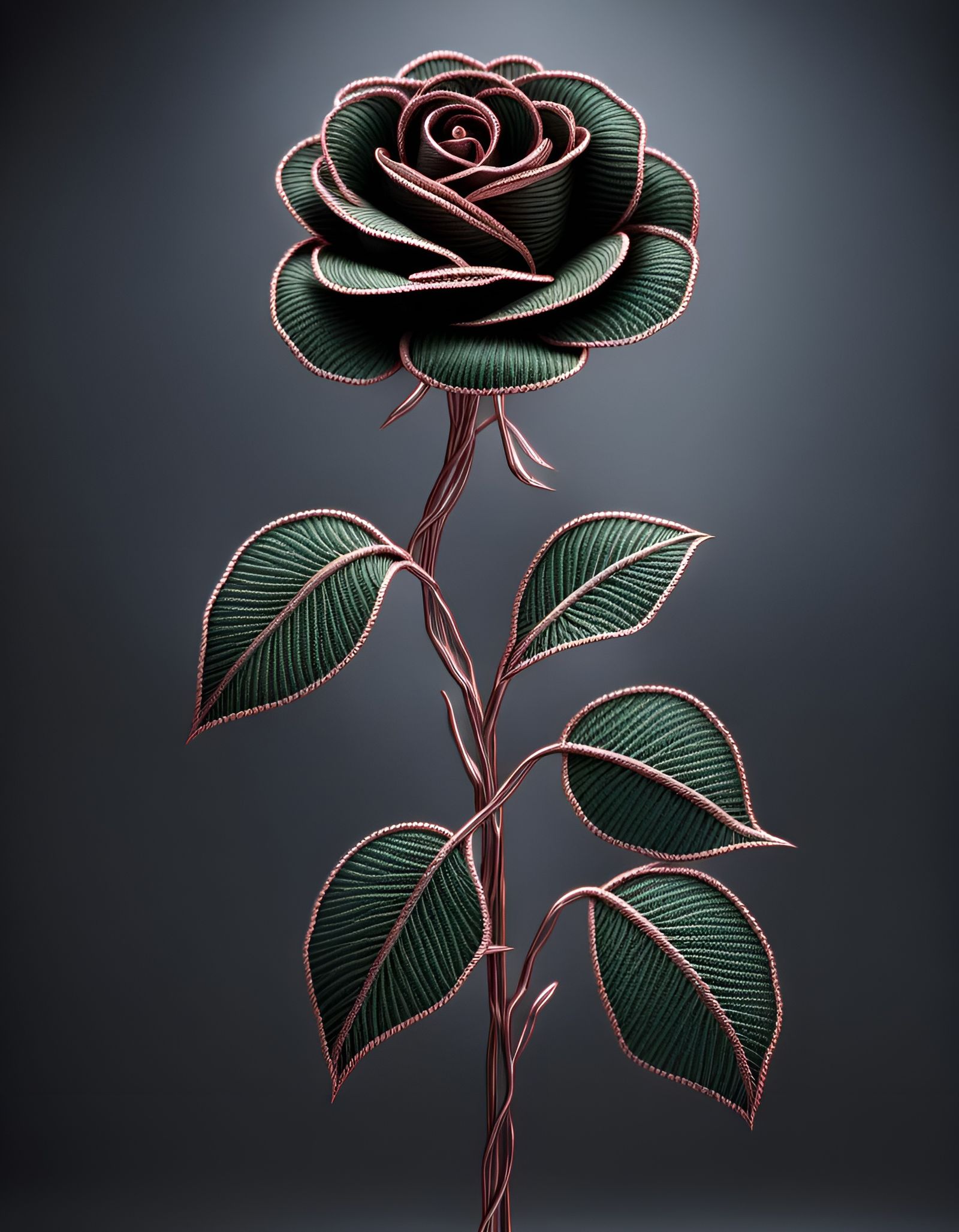 A highly detailed Rose plant entirely made from metal thread...