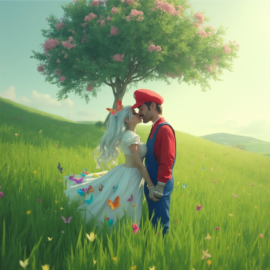 Amazing surreal fantasy art portrait of super Mario kissing lady timpani herself underneath the blooming isolated tree f...