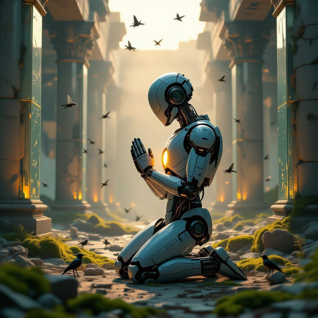 "Mechanical Prayer"

Scene Description:
In a gigantic, half-ruined temple of the future, a robot kneels on the ground - covered in dust, cra...