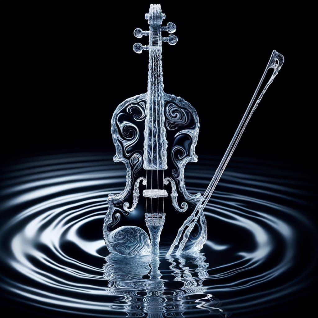 A delicate violin formed from clear, rippling water, with intricate wave patterns defining its curves. The bow is a stream of shimmering liq...