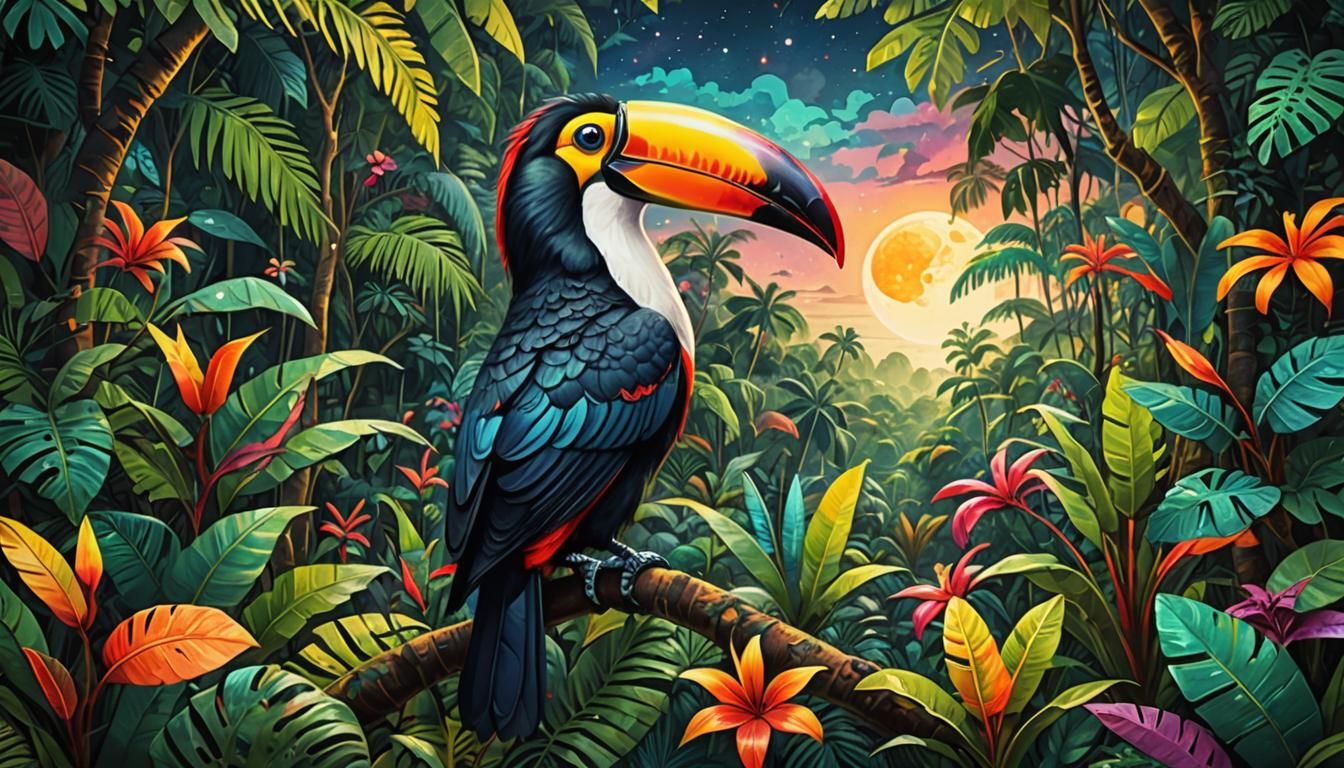 Naive art painting inspired by Halyna Kulaga and Laurel Burch of a beautiful Toucan in the jungle, tropical ...  by @Phrommakayeeka Sathu