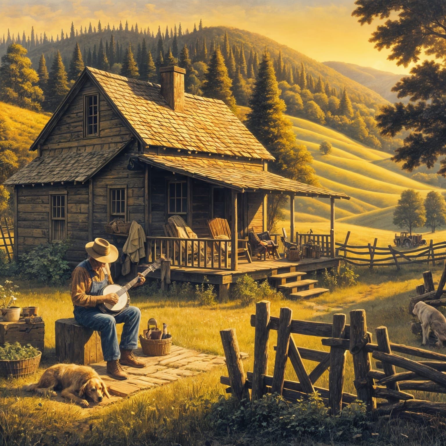 Hillbilly Scene: Illustrate a rustic, rural landscape featuring a small, weathered cabin surrounded by ...  by @Spearmint