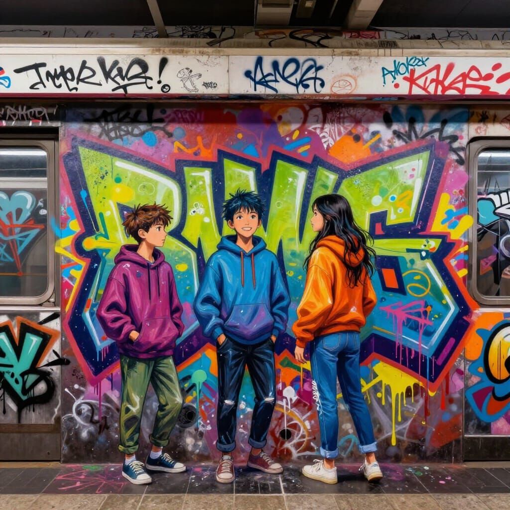 Teens in Colorful Hoodies at Graffiti Subway Station