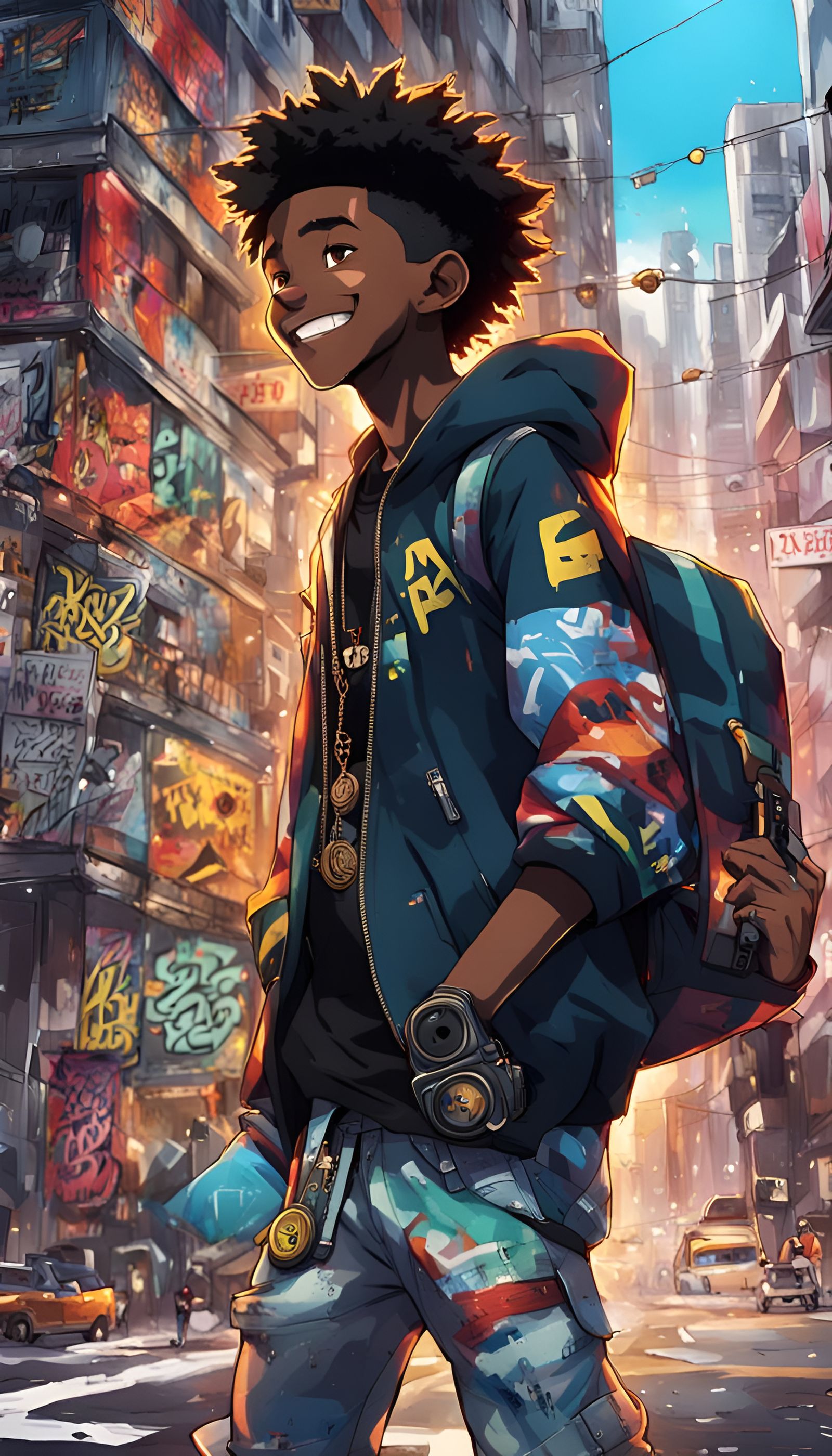 A black boy runs through the graffiti-covered streets of New...