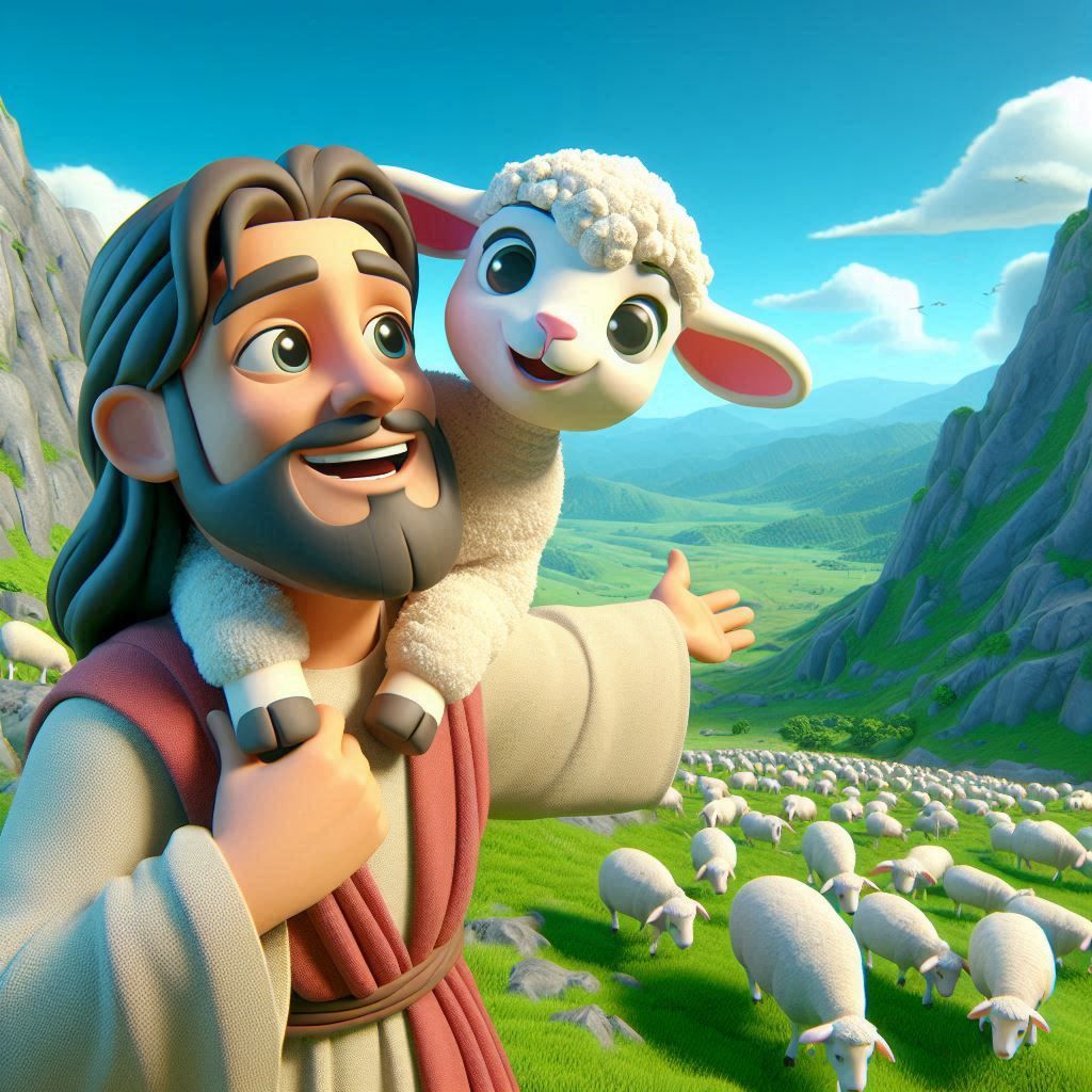 Cartoon Jesus and the Lost Lamb