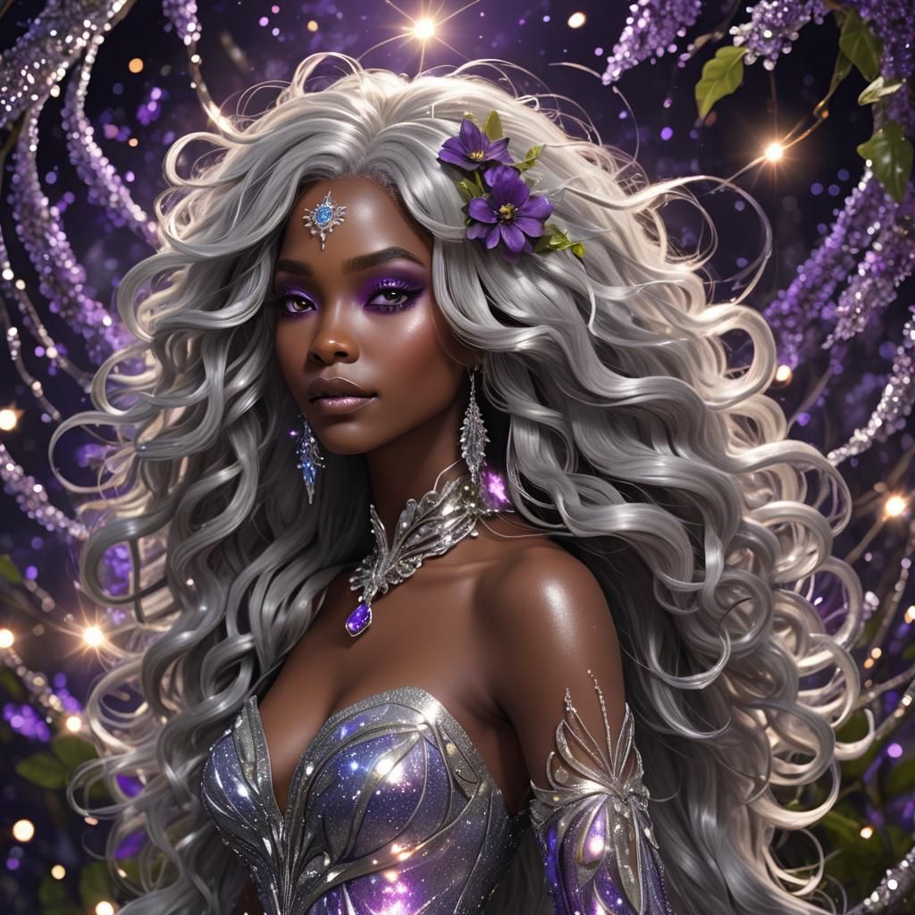 Gorgeous African American Goddess in Sparkling Silver Dress