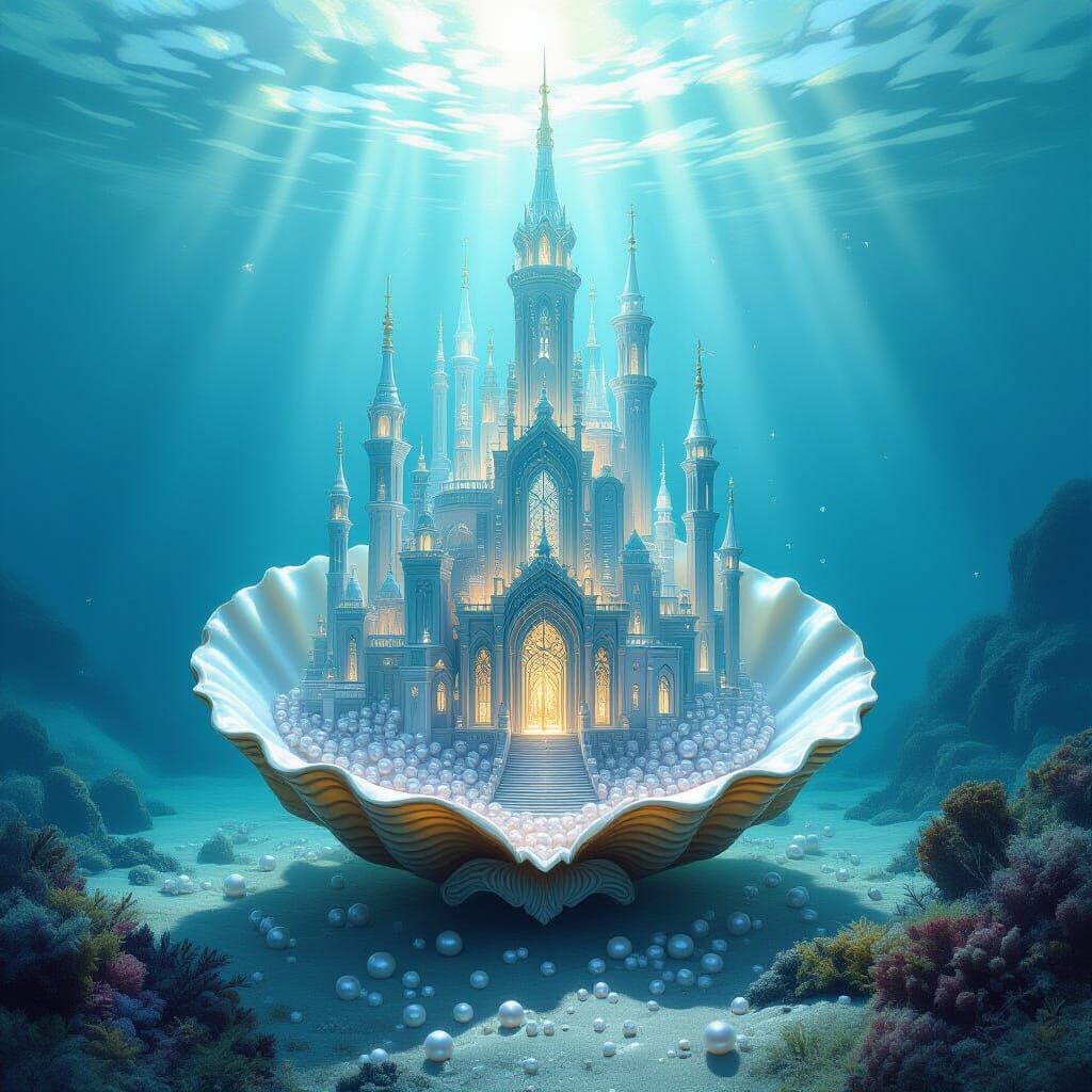 On the seabed lies an open shell, inside is a real ultra-detailed city made of pearls