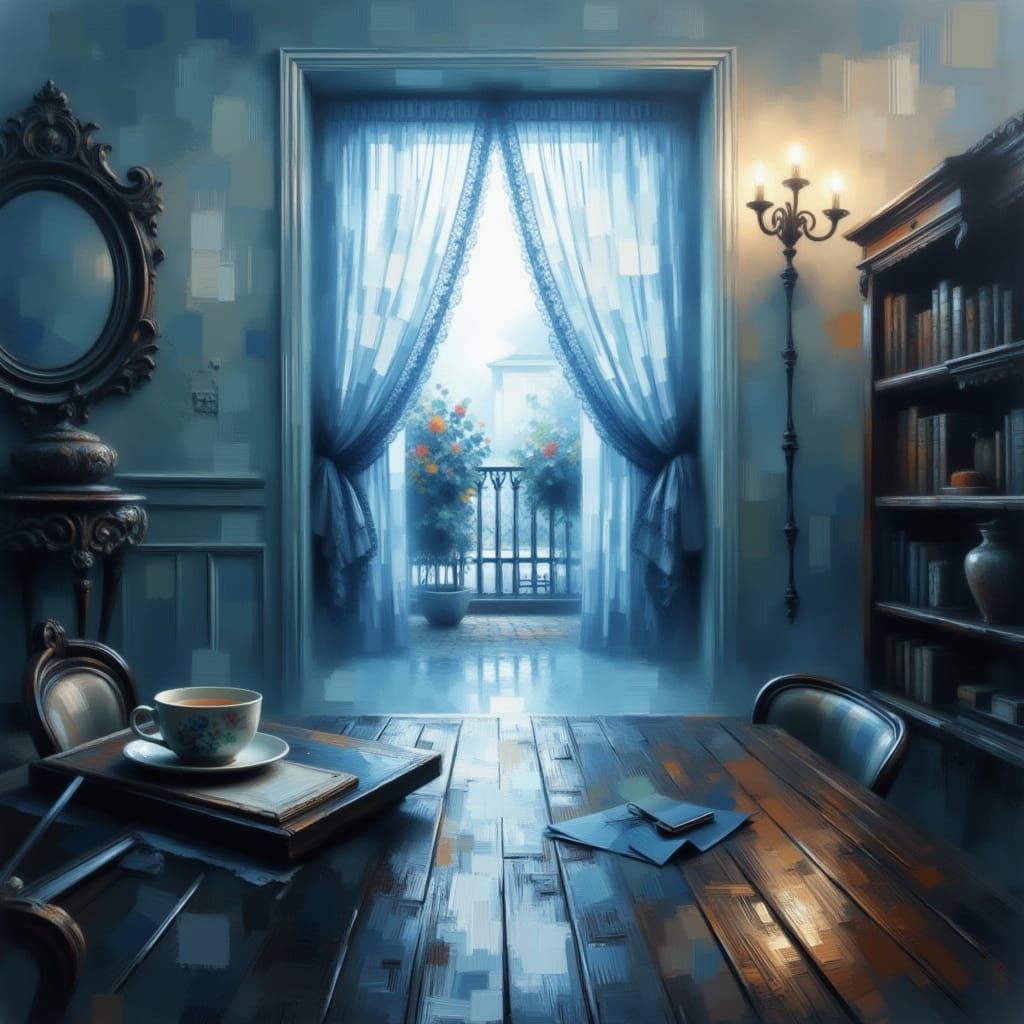 Antique Desk by Window in Soft Sunlight as Impasto Painting