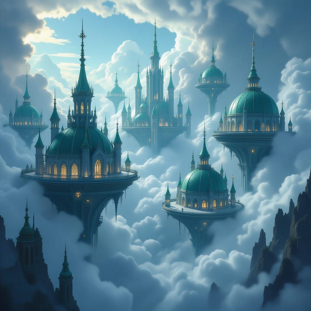 A breathtaking **futuristic floating cityscape** blending **intricate gothic and organic architecture**, where towering spires and domed str...