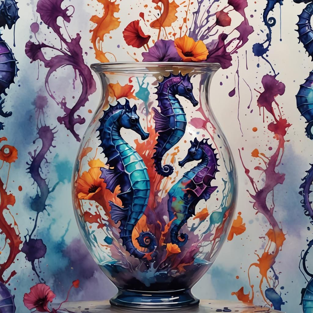 Seahorses in Vase with Ink Splatter Art