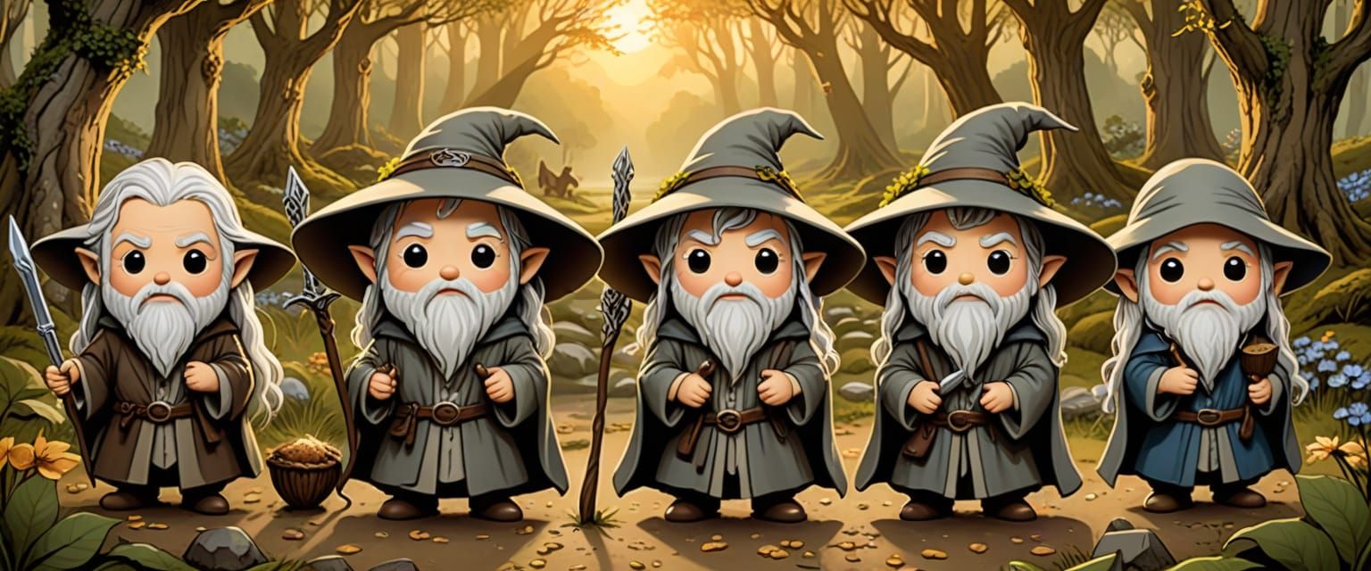 Lord Of The Rings in chibi style in Lothlorien. The Hobbits and the Elves as chibis