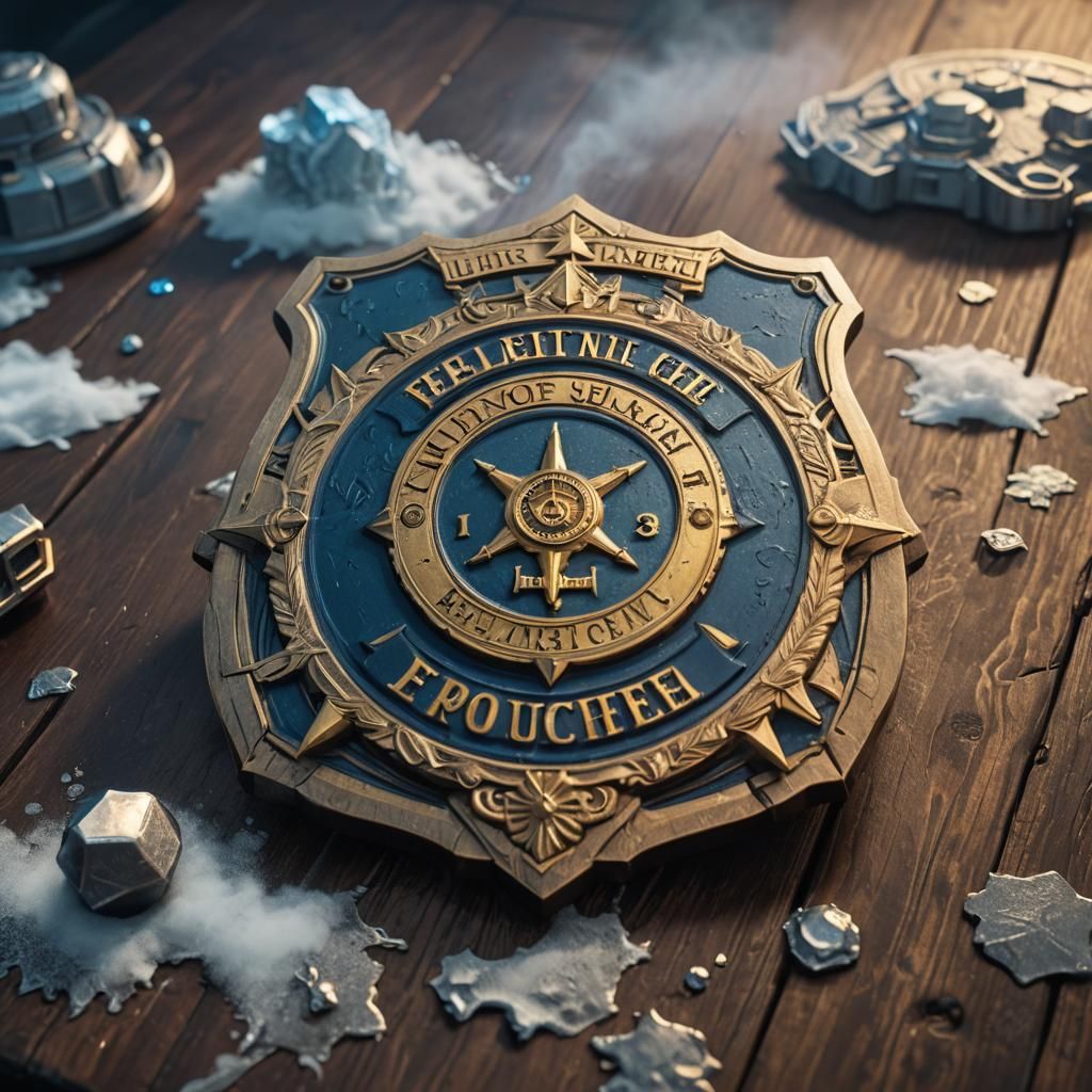 Medium blue and bright white law enforcement badge on table ...