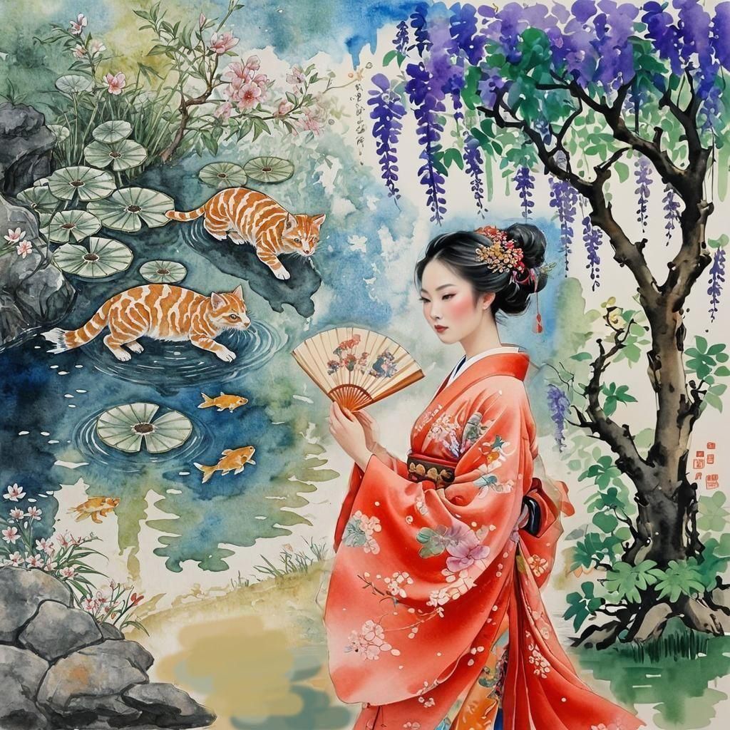 A beautiful Chinese woman in an exquisite expensive kimono