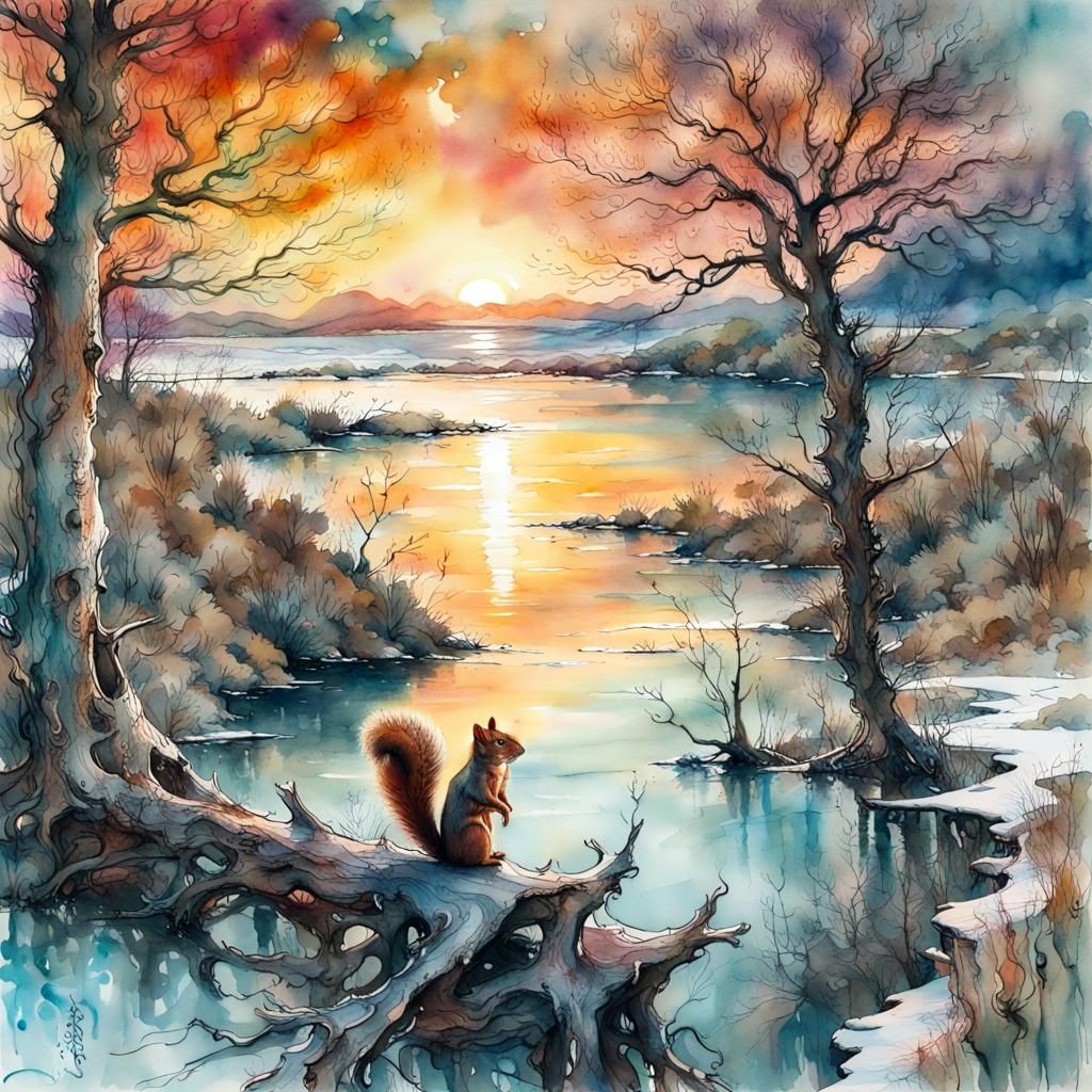 stunning Winter water seascape, Sunset, detailed bare trees reaching for the heavens with character, ...  by @Winter