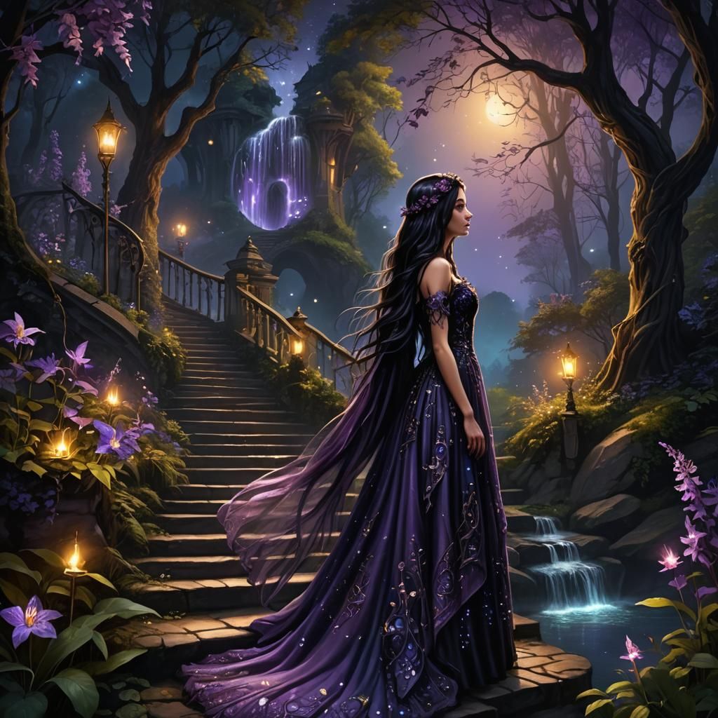 Enchanted Dark Forest Path with Fairy and Fireflies
