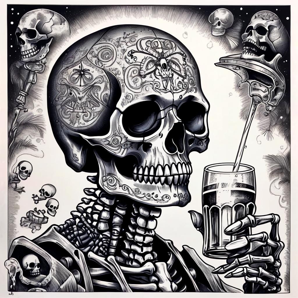 Skull with Beer Mugs and Cityscape