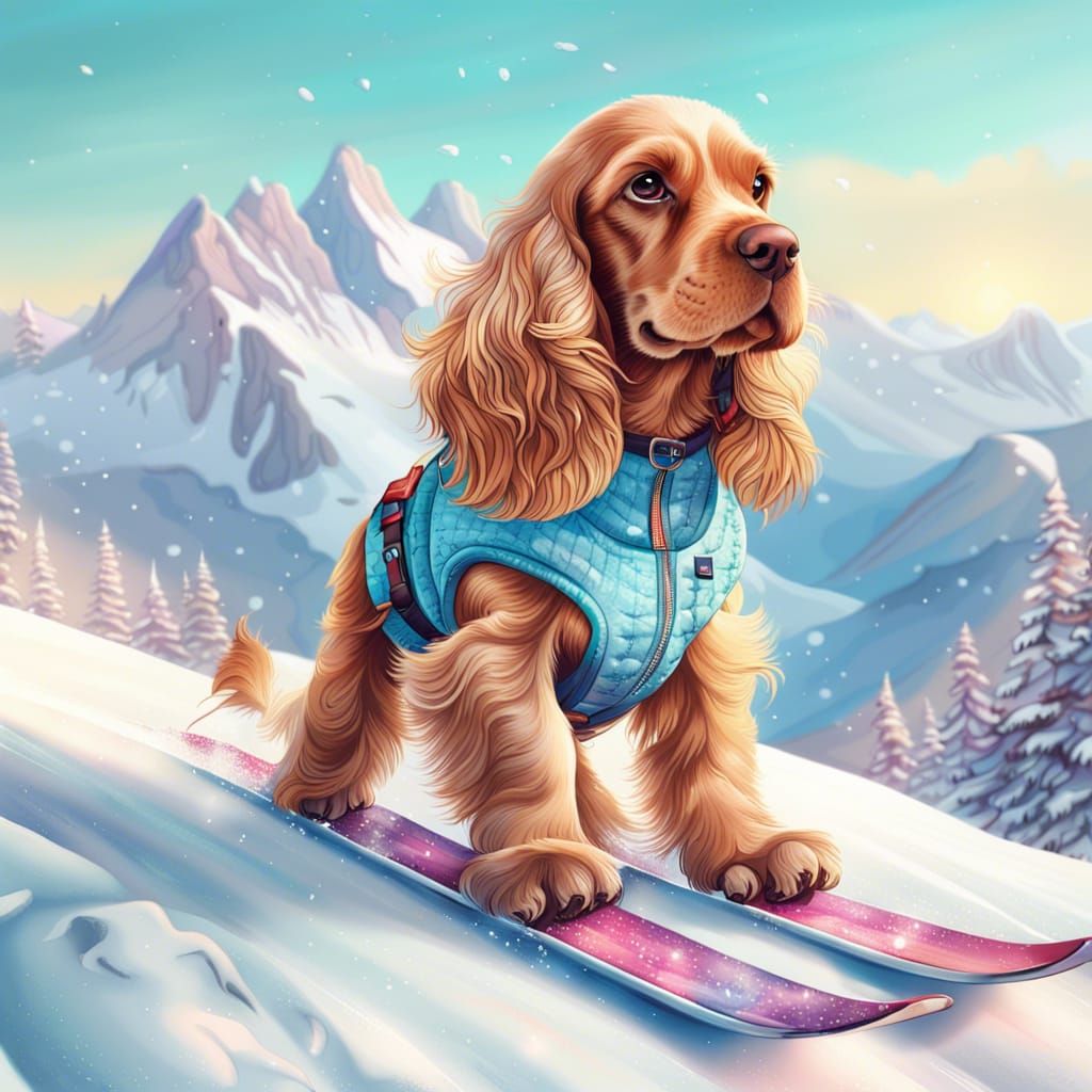 Cocker Spaniel skiing  by @CECHI