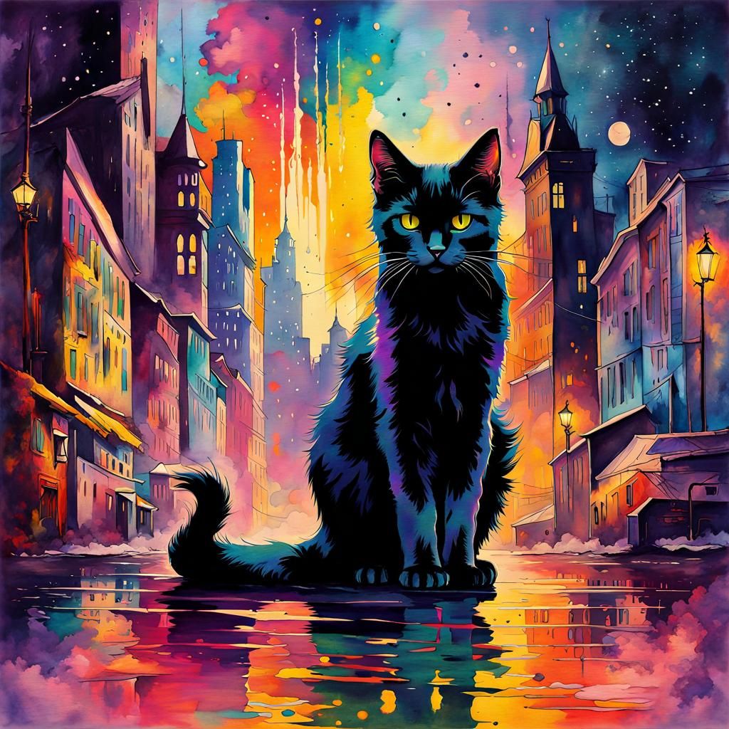 Adorable Urban Black Cat in Fantasycore Watercolor