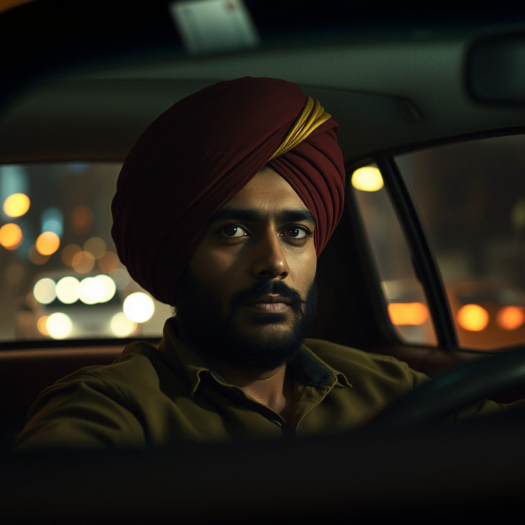 an Indian man in a turban sitting in the driver’s seat of hi...