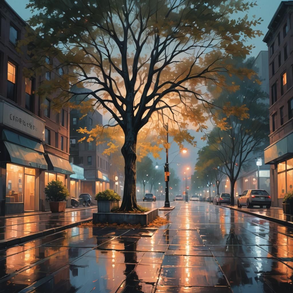 A tree planted in a box planter on the sidewalk of a large city   by @Tilted25