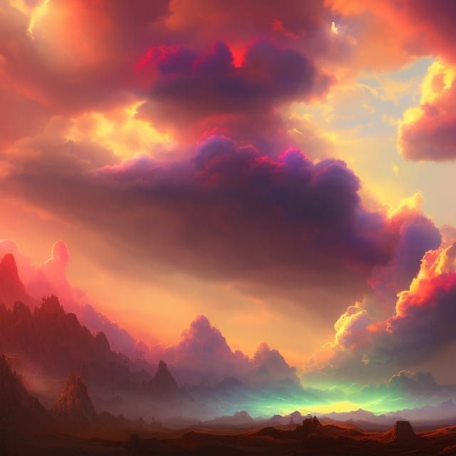 Very colorful cloud shining right before the sunset in the sky detailed matte painting, deep color, fantastical, ... undefined