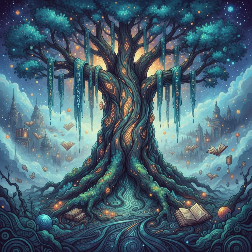 A majestic, ancient tree with rough bark and mossy, glowing runes, standing sentinel in a misty, forgotten realm. Cosmic...