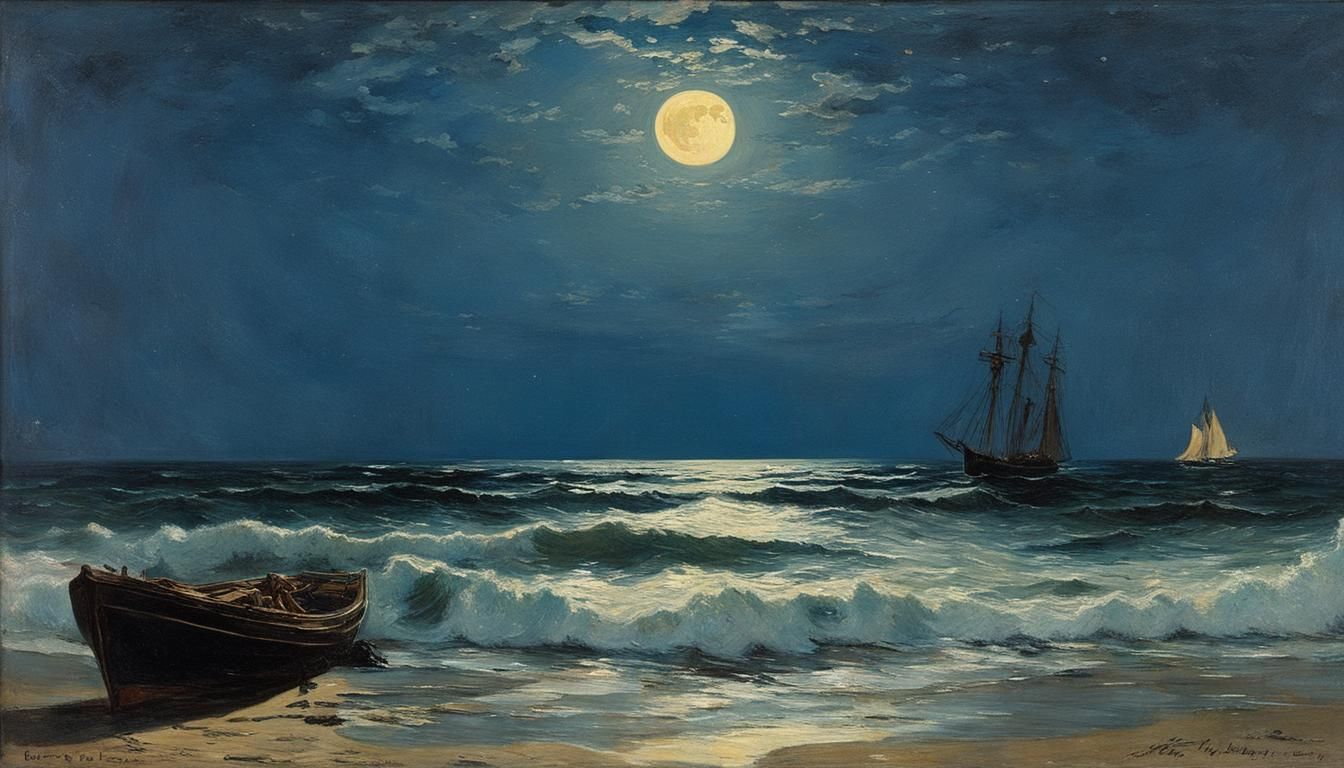 Pleine lune sur la mer, en 1895, peinture à l'huile sur toil...