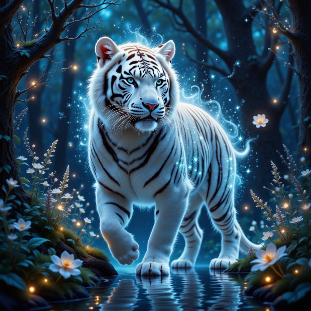 <lora:UltraPolish V1:1.0>A hyper-realistic and surreal 3D-style digital painting of a luminous white tiger emerging from a glowing cosmic fo...