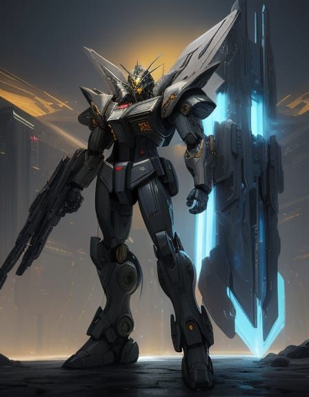Gundam mecha with a laser rife and shield action pose.