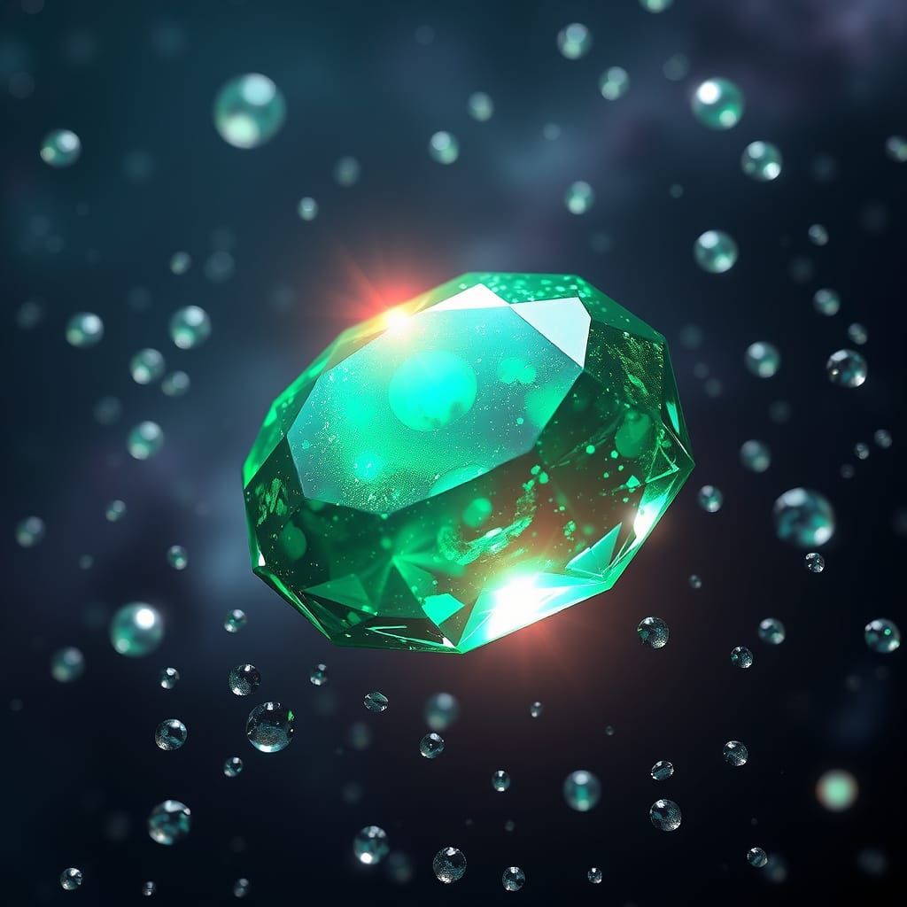 Vibrant Emerald Gemstone Shines in Cosmic Scene