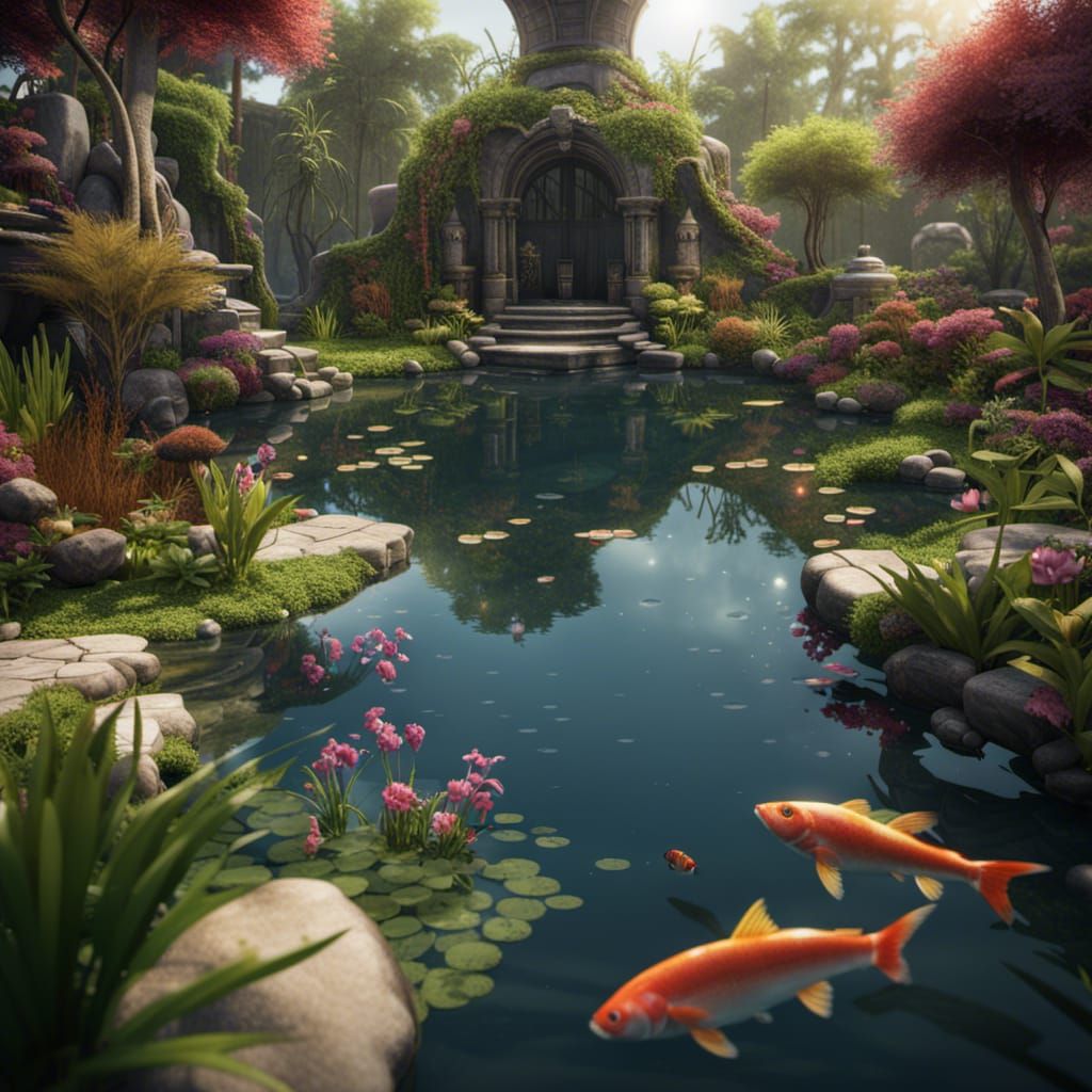 Backyard pond with several exotic plants and fish