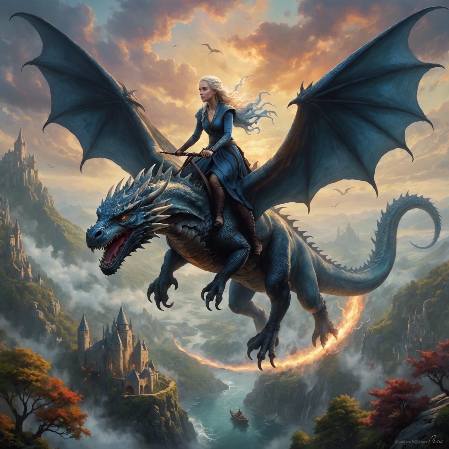 Daenerys Targaryen flying on a dragon  by @spike lamb