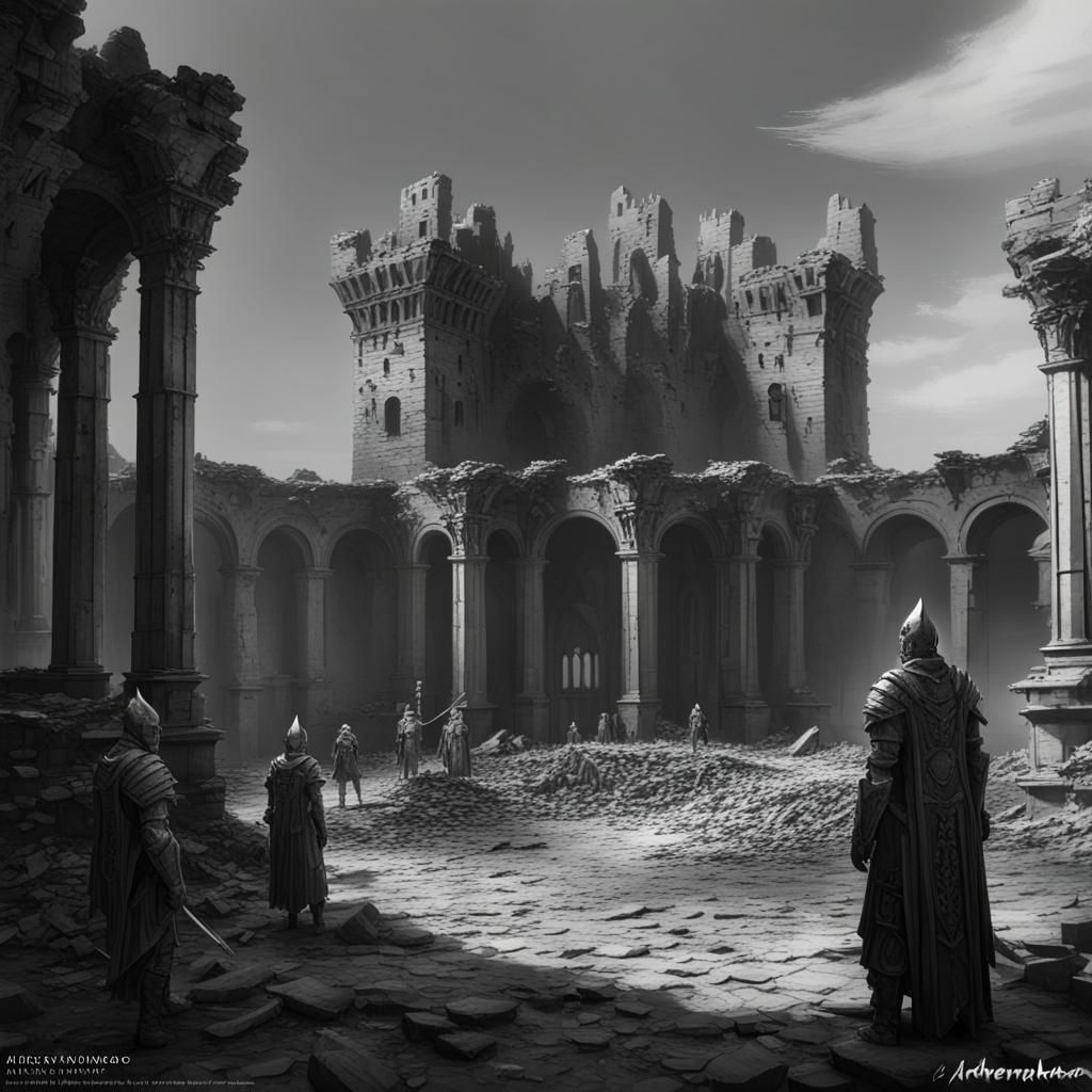 a ruined fortress with several statues of warriors in the la...