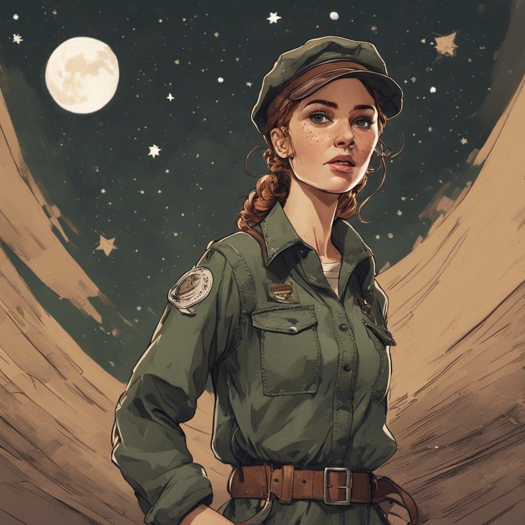 Beautiful Mechanic woman, dark green pilot overall, freckles, light brown  hair in two boxerbraids, brown peaky blinder flat Cap. Brown belt... - AI  Generated Artwork - NightCafe Creator