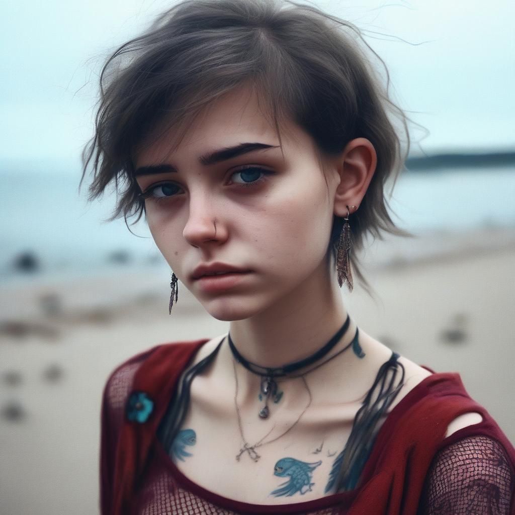 A sad girl alone on the cold beach #04